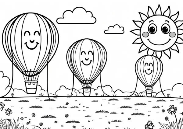 Hőlégballonok és napocska - kifestő